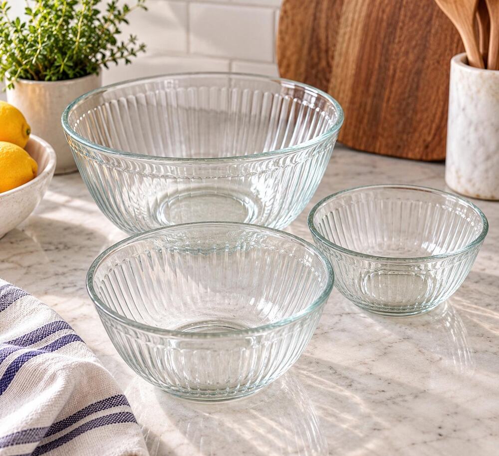 Vintage Pyrex Clear Glass Mixing Bowls Set, Ribbed Nesting Kitchenware